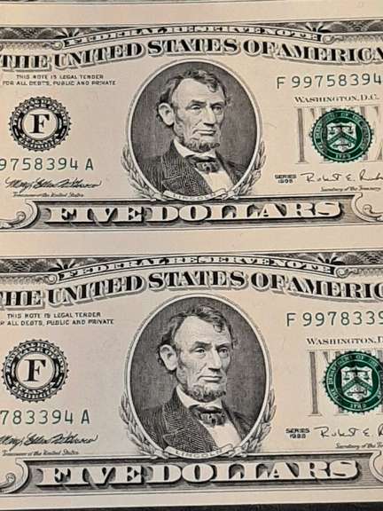 Uncut Sheet  of 4 $ 5 1995 Fed Reserve Notes