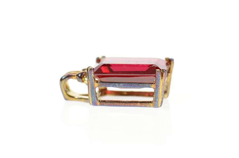 10K Yellow Gold Emerald Cut Syn. Ruby Solitaire Statement Pendant