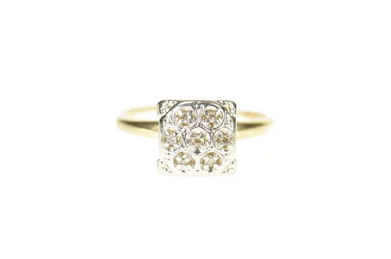 10K Yellow Gold Retro Squared Diamond Cluster Raised Cocktail Ring