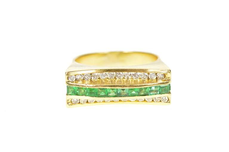 18K Yellow Gold 0.81 Ctw Emerald Diamond Squared Statement Ring