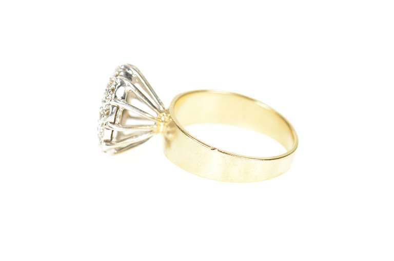 10K Yellow Gold Retro Round Diamond Cluster Raised Statement Ring