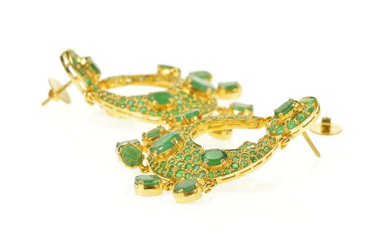 18K Yellow Gold 14.60 Ctw Emerald Encrusted Statement Dangle Earrings