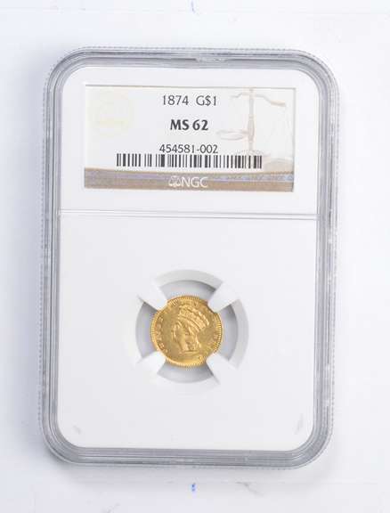 MS62 1874 $1.00 Indian Princess Head Gold Dollar - Graded NGC