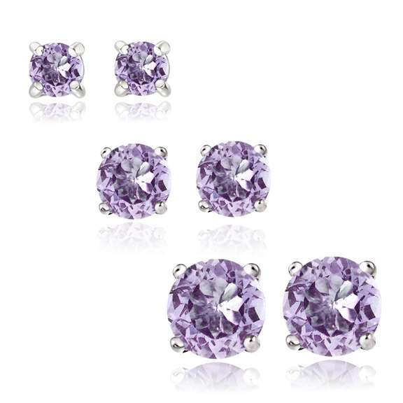 Sterling Silver 1.5ct Amethyst 3, 4 & 5mm Round Stud Earrings Set of 3