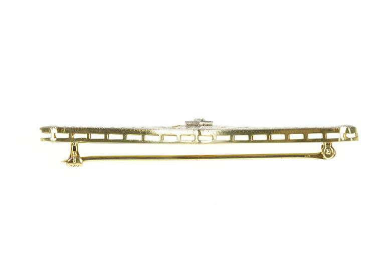 14K Yellow Gold Two Tone Art Deco Diamond Ornate Bar Pin/Brooch