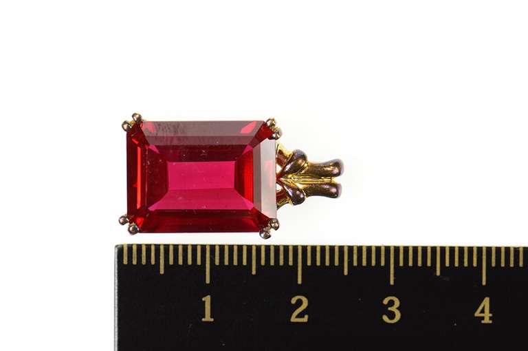 10K Yellow Gold Emerald Cut Syn. Ruby Solitaire Statement Pendant