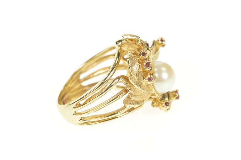 14K Yellow Gold Retro Pearl Ruby Floral Cocktail Statement Ring
