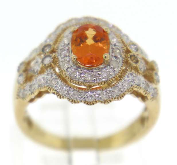 Fabulous Yellow Gold Orange Sapphire and Diamond Ring