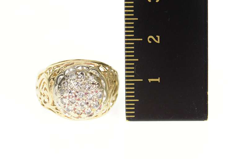 10K Yellow Gold Scroll Filigree Diamond Domed Statement Ring