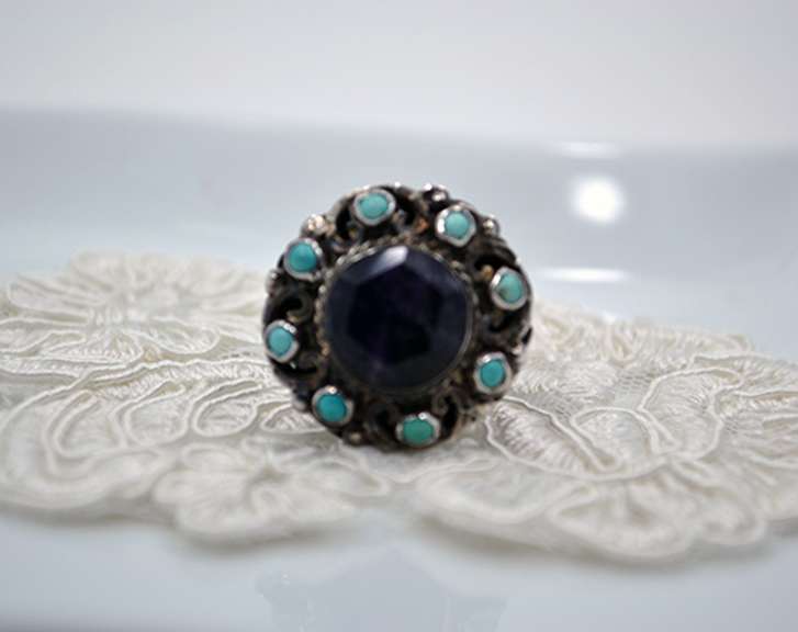 Intricate 925 SS Ring With Turquoise Gemstones Size 7.5