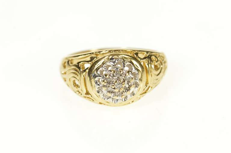 10K Yellow Gold Round Diamond Scroll Filigree Statement Ring