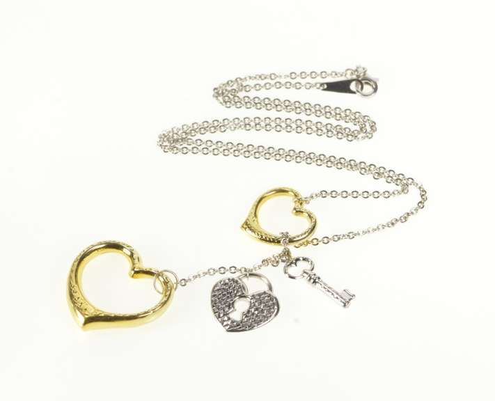 18K White Gold Lariat Design Heart Key Padlock Statement Necklace