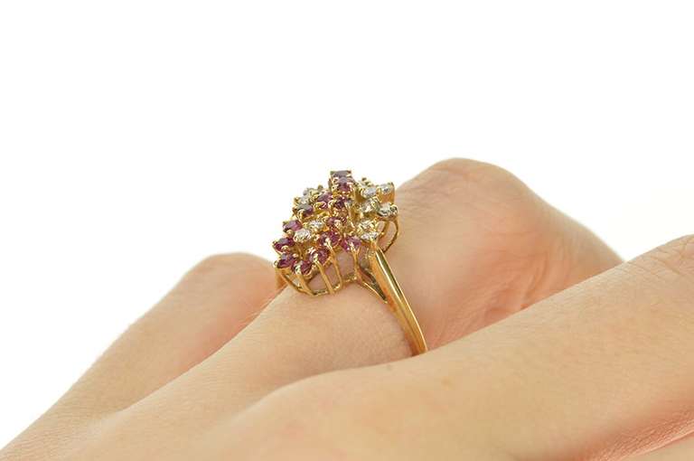 14K Yellow Gold Ruby Diamond Loop Cluster Statement Cocktail Ring