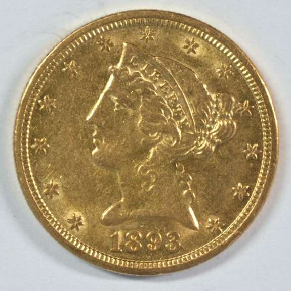 Scarce Near Mint 1893-S $5 Liberty Gold Piece. Nice!