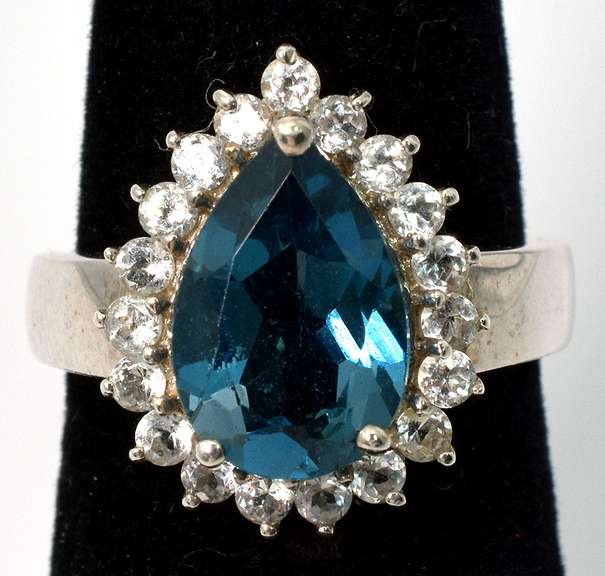 Sterling Silver Dark Blue Aqua Marine & White Topaz Ring