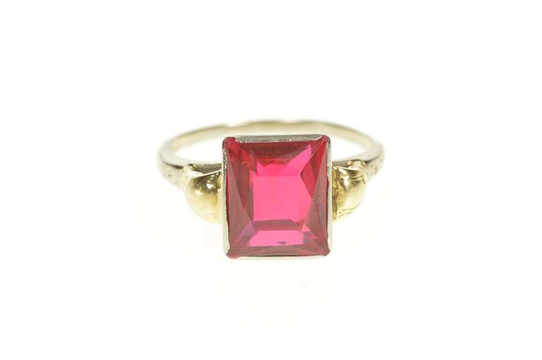14K White Gold Two Tone Emerald Syn. Ruby Statement Ring