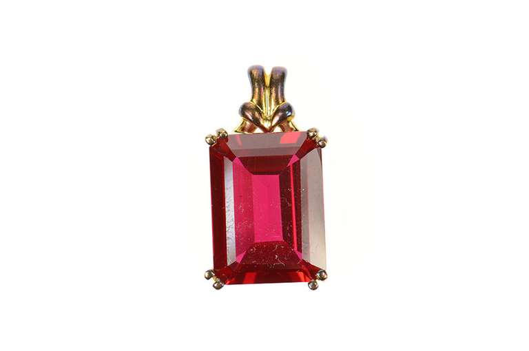 10K Yellow Gold Emerald Cut Syn. Ruby Solitaire Statement Pendant