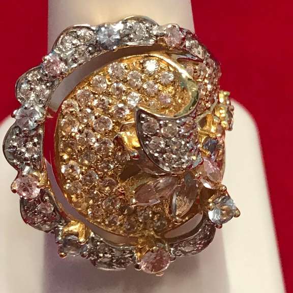 LADIES 18K GOLD DIAMOND WITH BLUE TOPAZ AND PINK TOURMANLINE RING