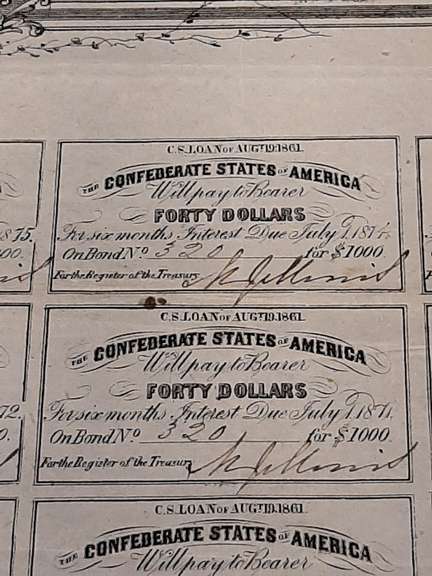 $ 1000 Jan 17 1863 Confederate War Bond