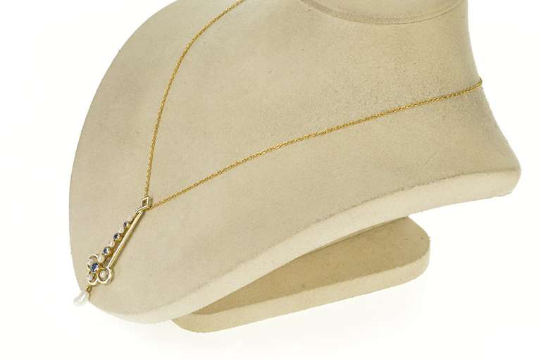 14K Yellow Gold Victorian Sapphire Pearl Enamel Drop Necklace