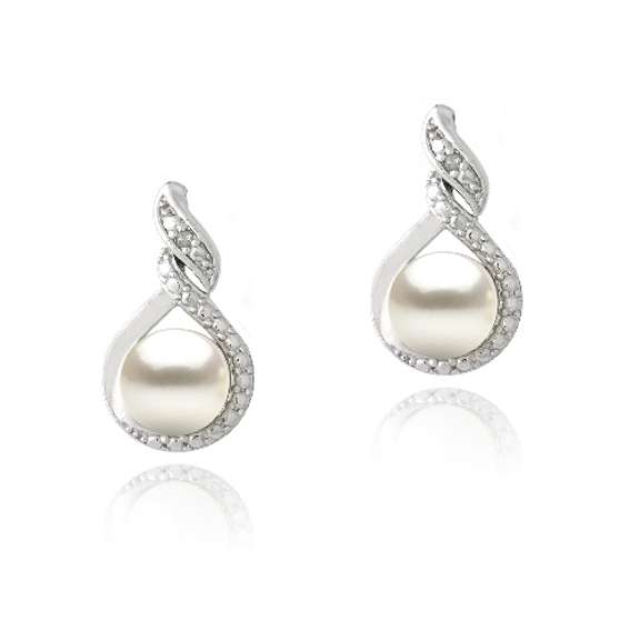 Sterling Silver Diamond Accent Freshwater Cultured Pearl Double Loop Twist Stud Earrings