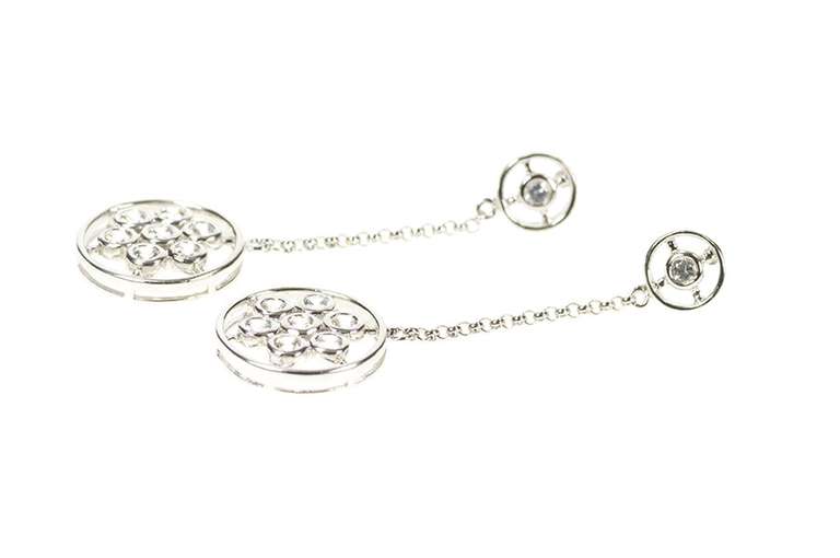 14K White Gold Round Floral Cluster Dangle Chain CZ Earrings