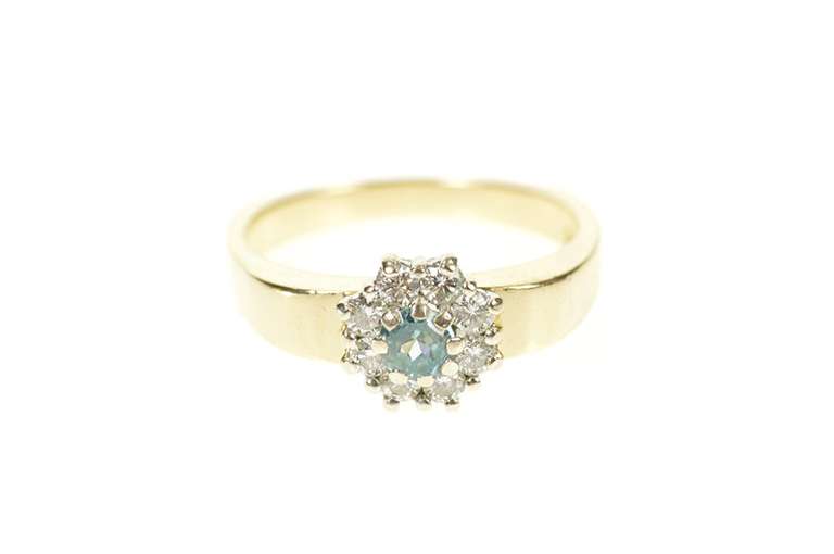 14K Yellow Gold Round Blue Topaz Diamond Halo Engagement Ring