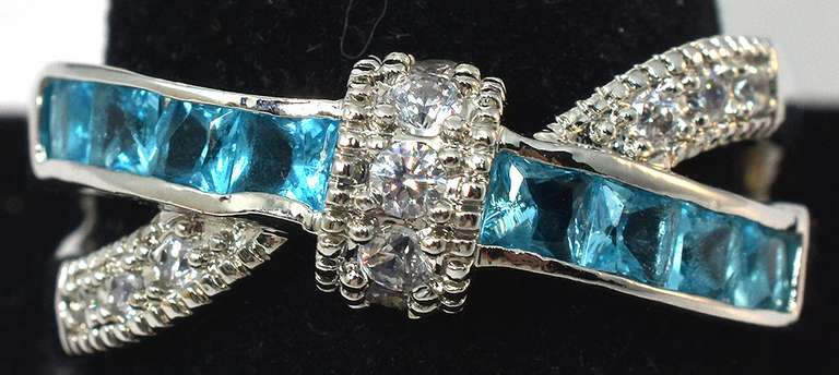Sterling Silver CZ Cocktail Ring Blue and White Stone