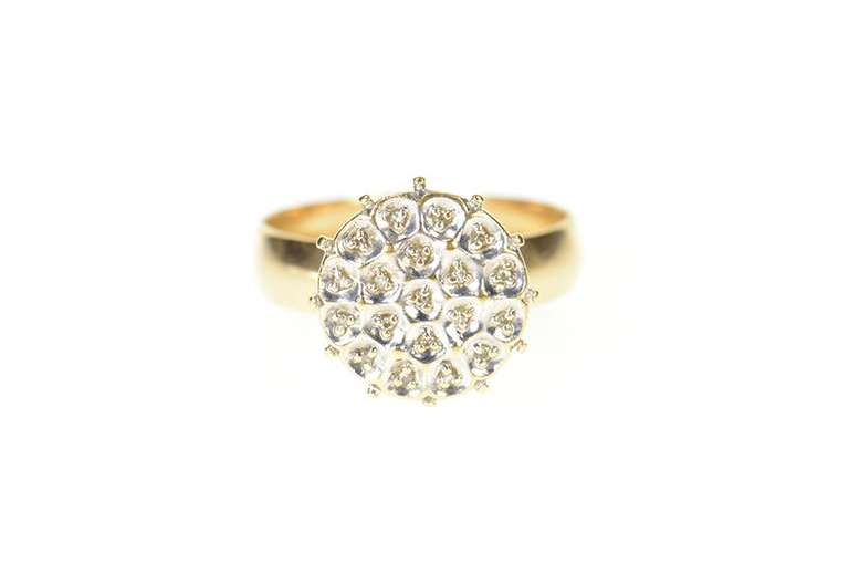 10K Yellow Gold Round Retro Raised Diamond Cluster Statement Ring