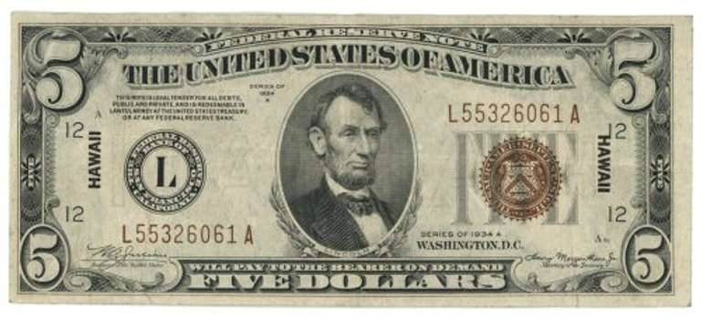 Nice Scarce Series of 1934-A $5 Hawaii Note (L)