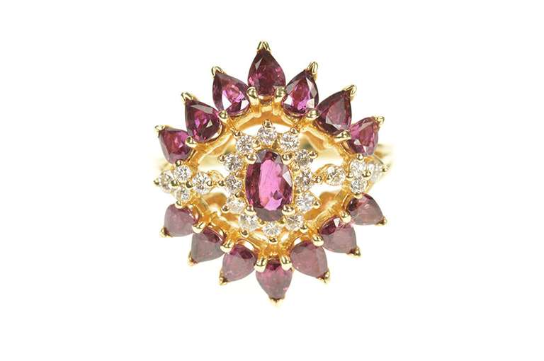 14K Yellow Gold 2.32 Ctw Ruby Diamond Halo Pear Statement Ring