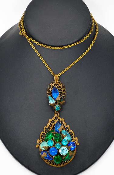 Vintage Necklace, Cluster Rhinestone Brass Dangle Pendant