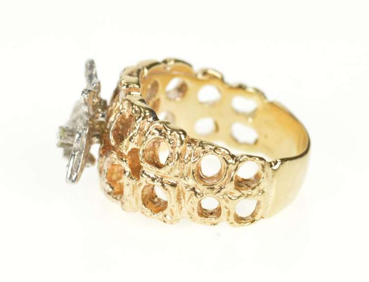 14K Yellow Gold Two Tone Pave Butterfly Textured Nugget Band Ring