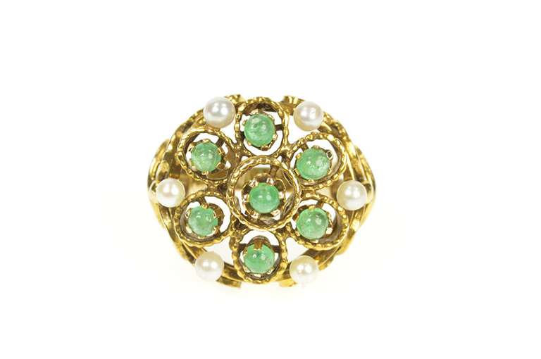 14K Yellow Gold 1960's Pearl Emerald Ornate Filigree Cocktail Ring