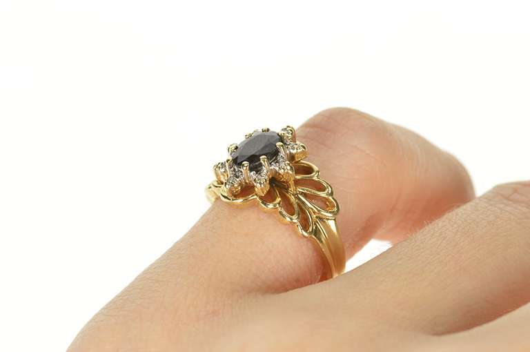 10K Yellow Gold Oval Sapphire Diamond Halo Filigree Statement Ring