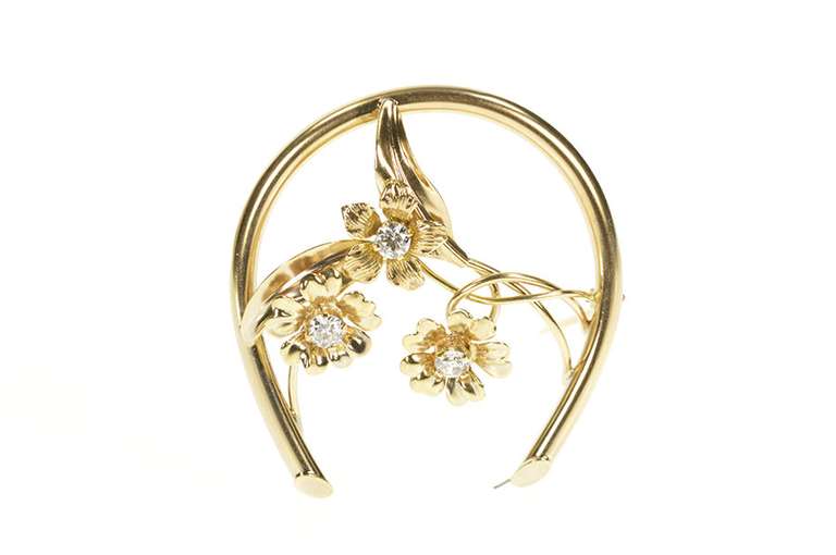 10K Yellow Gold 0.51 Ctw Diamond Flower HorseShoe Statement Pin/Brooch