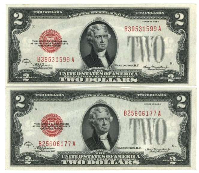 2 Crisp Uncirculated 1928-C $2 Red Seal Notes. Nice