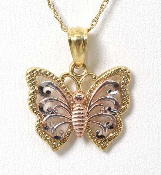 Adorable Butterfly Filigree Necklace in Tri-Tone Gold