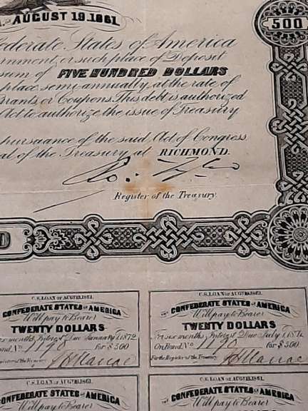 Oct 27 1862 $500 Confederate States Bond