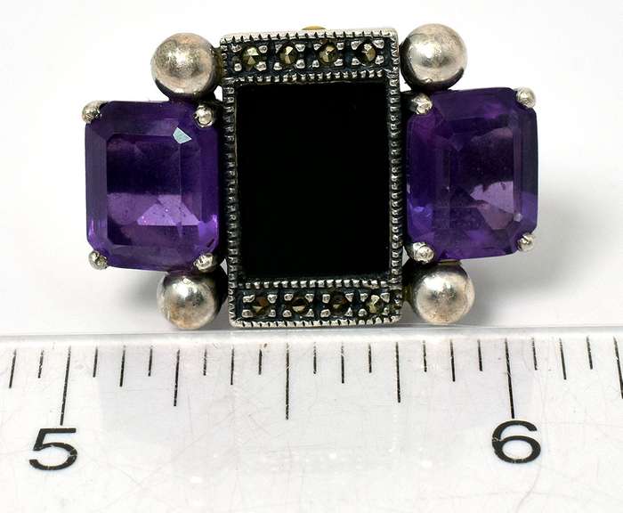 Vintage Sterling Silver Onyx, Amethyst, and Marcasite Ring
