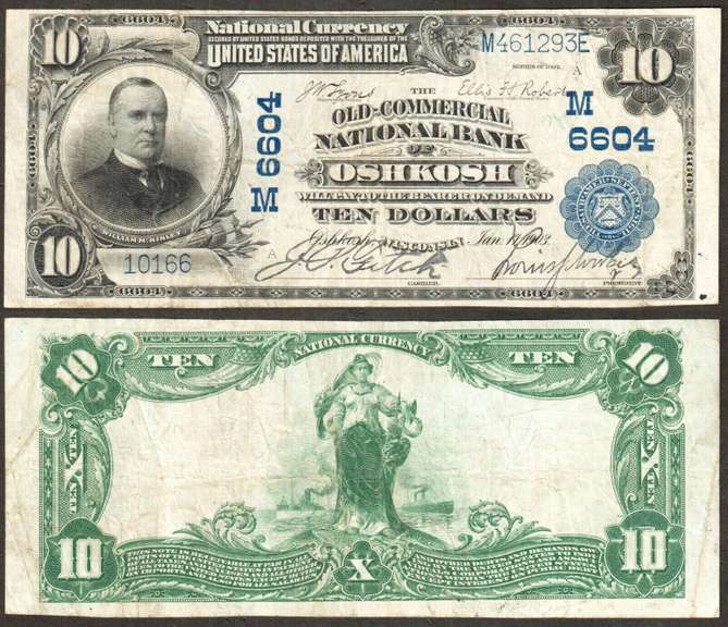 $10 1902-ND The Old Commercial NB of Oshkosh, WI Ch-M6604 Winnebago County VF