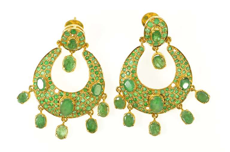 18K Yellow Gold 14.60 Ctw Emerald Encrusted Statement Dangle Earrings