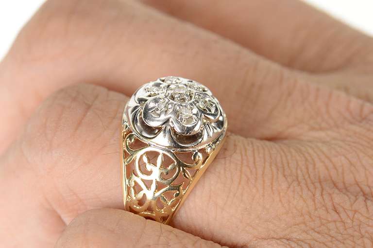 10K Yellow Gold Men's Retro Diamond Cluster Scroll Filigree Ring