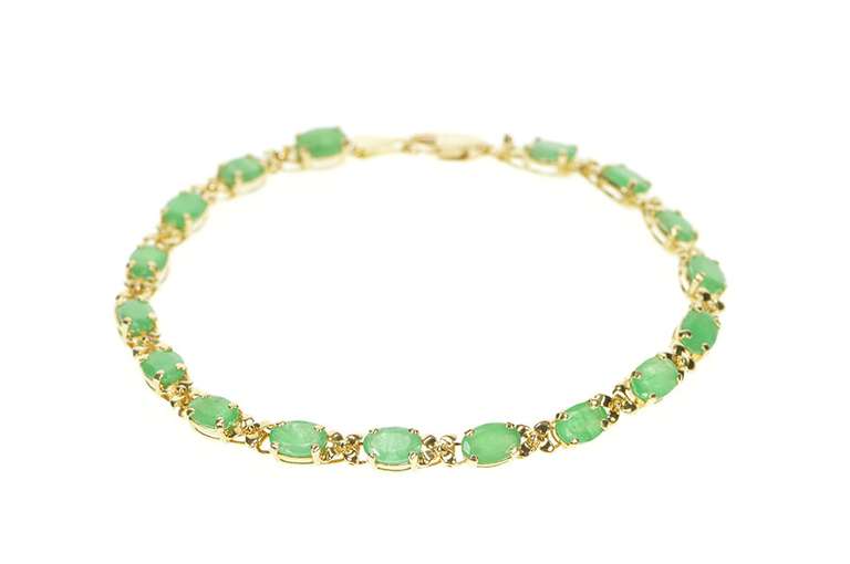 14K Yellow Gold 5.10 Ctw Oval Natural Emerald Flower Link Bracelet