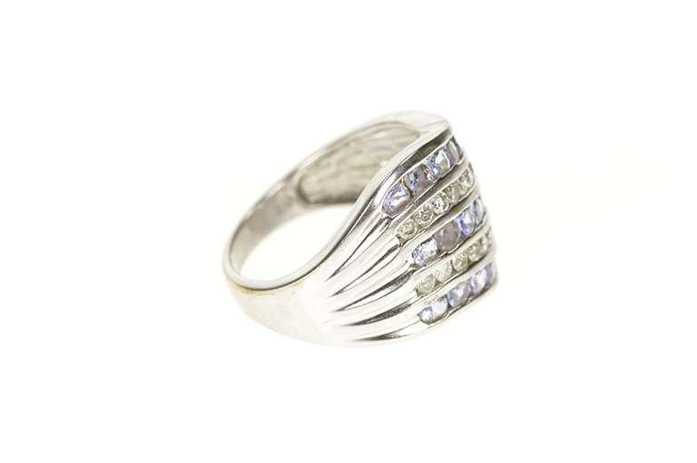 10K White Gold Tiered Wavy Row Tanzanite Diamond Statement Ring