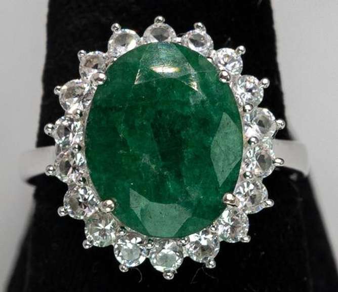 Gorgeous Diamond-Cut Natural Emerald & White Topaz Ring in Sterling