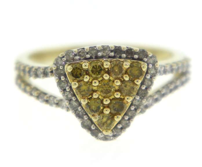 Wonderful Triangle Yellow Diamond Cluster w White Diamond Halo Ring