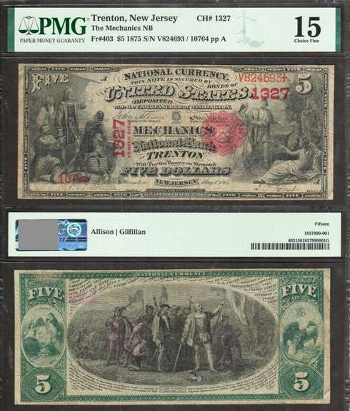 $5 1875 The Mechanics NB of Trenton, NJ Ch #1327 RARE BANK PMG Ch Fine 15