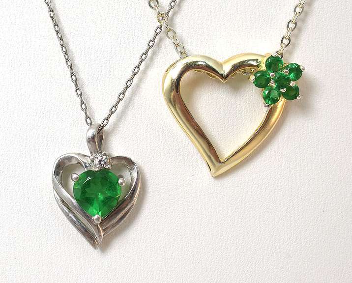 Lot of 2 Sterling Silver Heart Necklaces with Green Stones