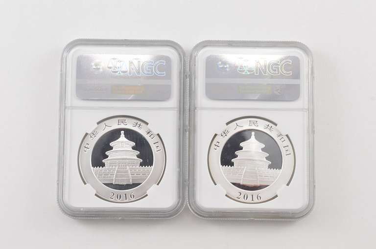 Lot (2) MS70 2016 China 10 Yuan Panda - Graded NGC - Box